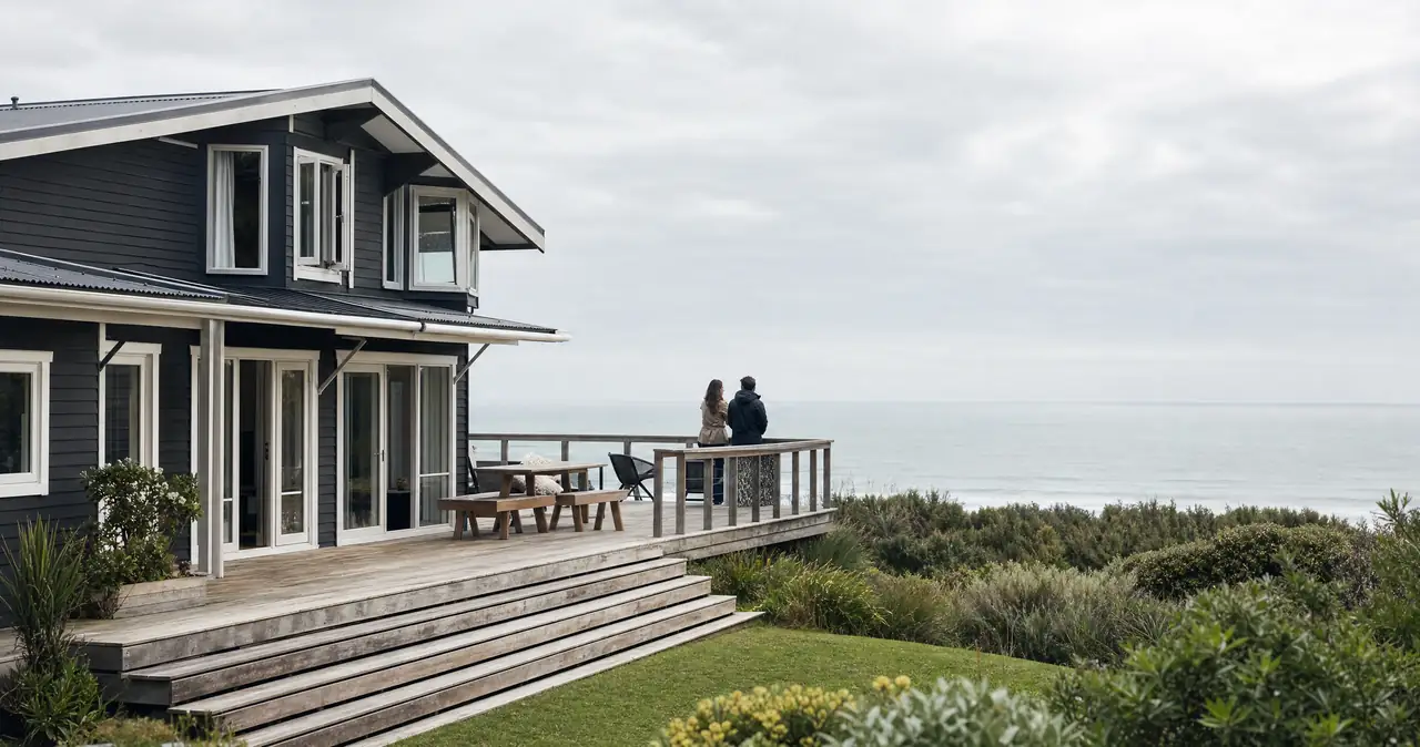Holiday home and bach insurance, on a timber deck above a grey sea with two people at the rail.