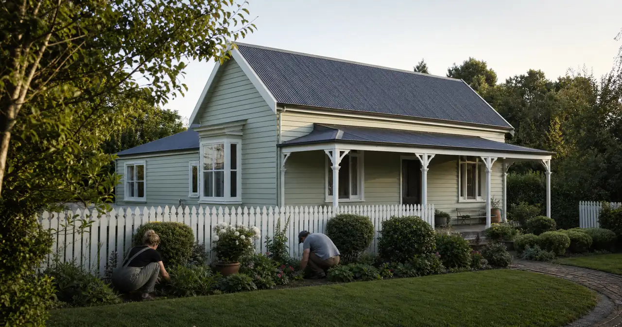 A couple working in the front garden of a pale green weatherboard house, seen from behind.