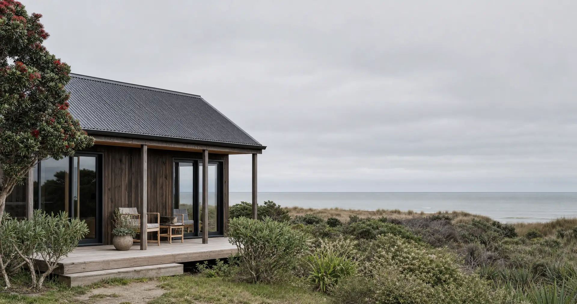 A small bach clad in dark timber, with an iron roof and a deck. It sits among coastal scrub and a flowering pohutukawa. The sea is behind it.
