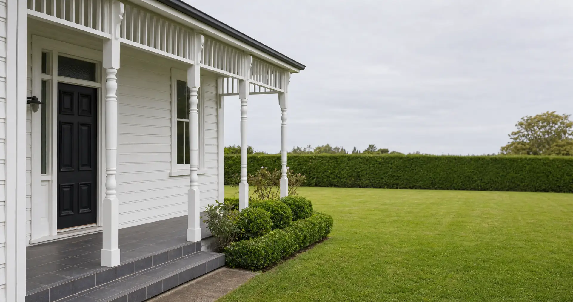 The covered veranda of a white weatherboard villa, with turned timber posts and a panelled front door.